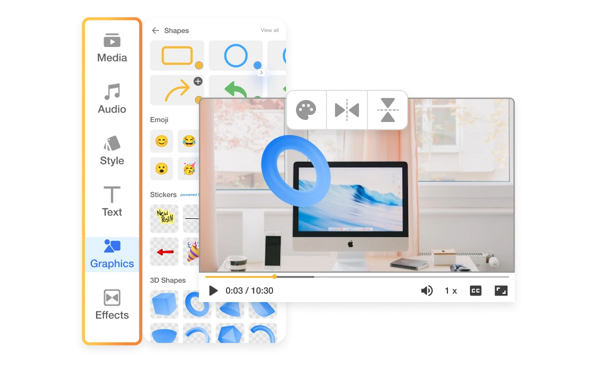 Pick from a wide selection of stickers and add stickers to video using Visla's drag-and-drop feature.